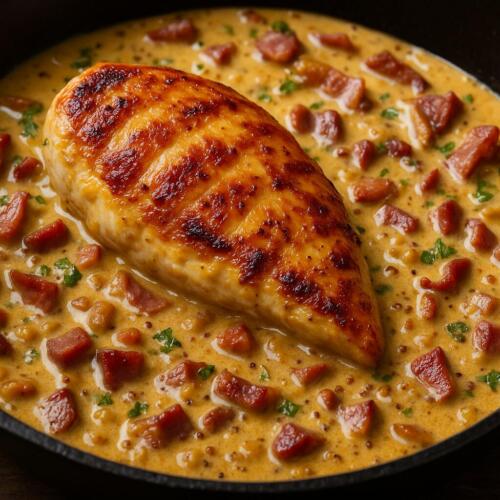 Hähnchenbrust mit Bacon-Senf-Sauce in einer Pfanne