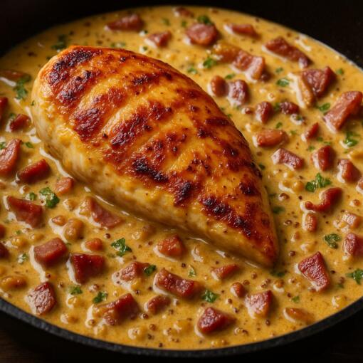 Hähnchenbrust mit Bacon-Senf-Sauce in einer Pfanne