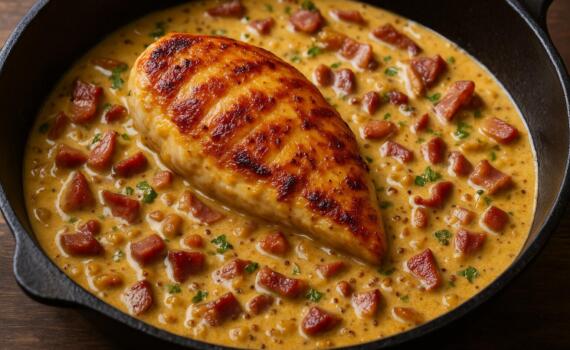 Hähnchenbrust mit Bacon-Senf-Sauce in einer Pfanne