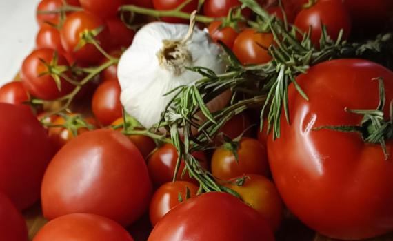 Tomaten, Knoblauch und Rosmarin für eingelegte Tomaten.